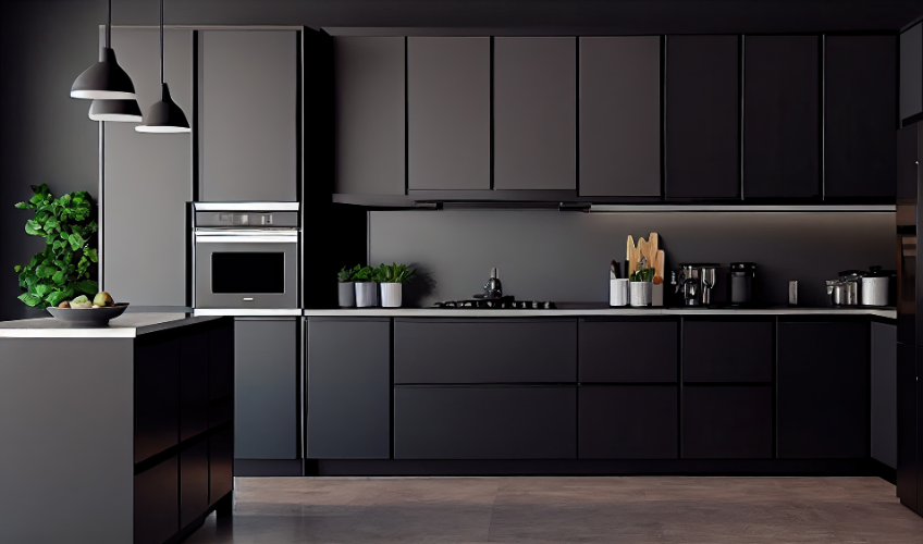 San Marcos Kitchen Cabinets embody modern elegance with their sleek design featuring black cabinets and a black counter