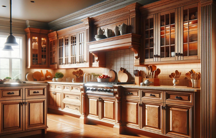 A beautiful image showcasing traditional kitchen cabinets with a timeless design