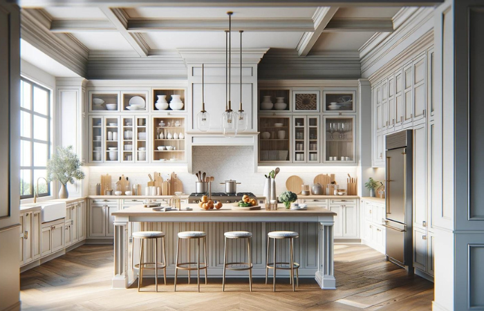 Transitional Kitchen Cabinets with White cabinets, wooden floors